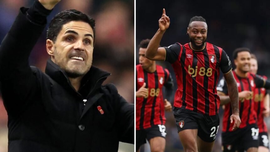 Split image of Arsenal manager Mikel Arteta and Bournemouth star Antoine Semenyo