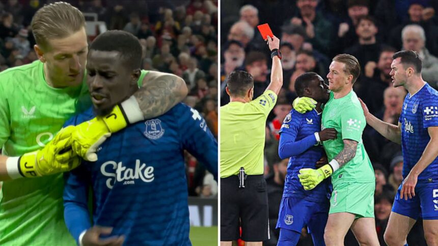 Split image of Idrissa Gueye being held back by Jordan Pickford and Gueye being shown a red card