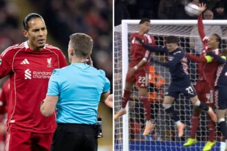 Van Dijk protesting against the referee and Van Dijk handling the ball