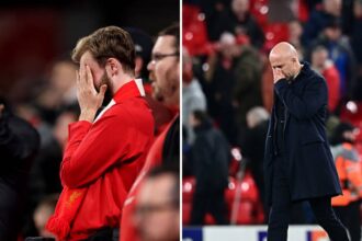 Split image of Liverpool fan upset and Arne Slot distraught