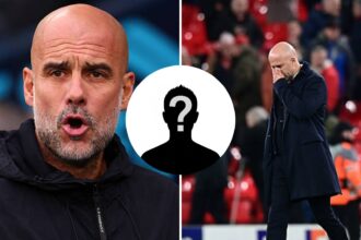 Split image of Pep Guardiola and Arne Slot with overlay of mystery player