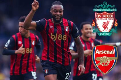 Antoine Semenyo celebrating his goal with overlay of Liverpool and Arsenal badges