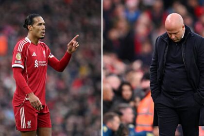Split image of Virgil van Dijk and Liverpool manager Arne Slot