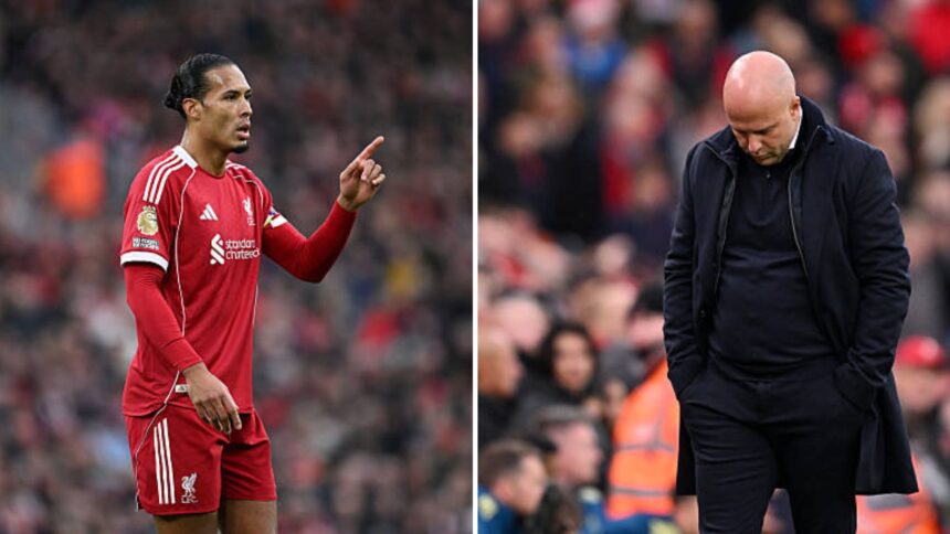 Split image of Virgil van Dijk and Liverpool manager Arne Slot