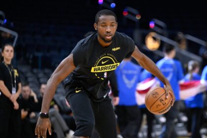 Warriors' Jonathan Kuminga warms up before NBA Game 5 between the Indiana Pacers and Golden State Warriors at Chase Center.