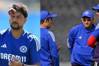 Kuldeep Yadav and India coach Gautam Gambhir, Ajit Agarkar and Shubman Gill, Kolkata