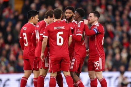 Liverpool players in a team huddle before the Crystal Palace game