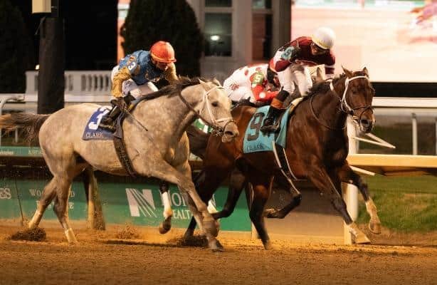 Magnitude lags and overtakes Chunk of Gold to win Clark Stakes