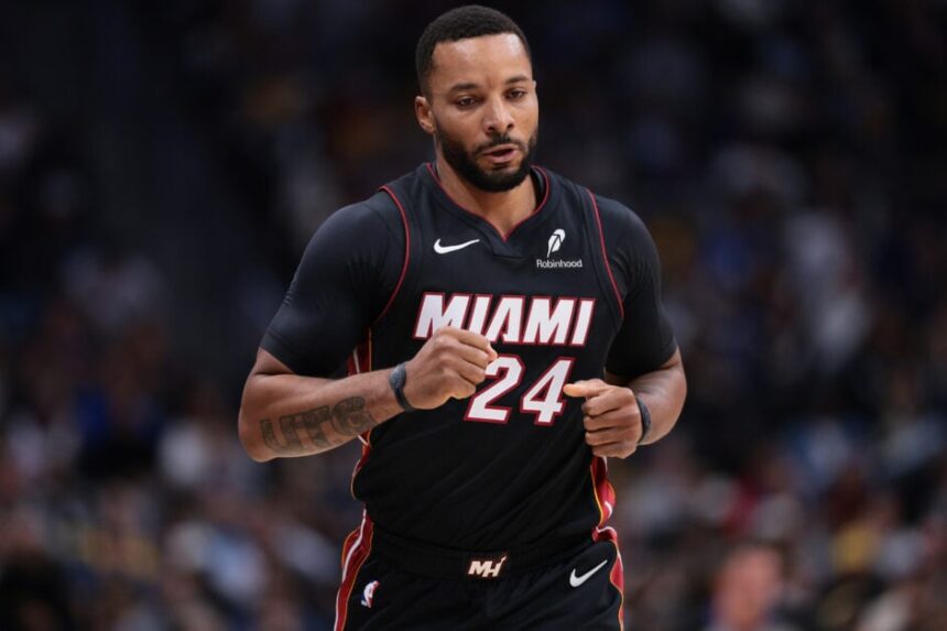 #24 Norman Powell of the Miami Heat runs the floor during the first quarter of the game against the Denver Nuggets at Ball Arena on November 5th.