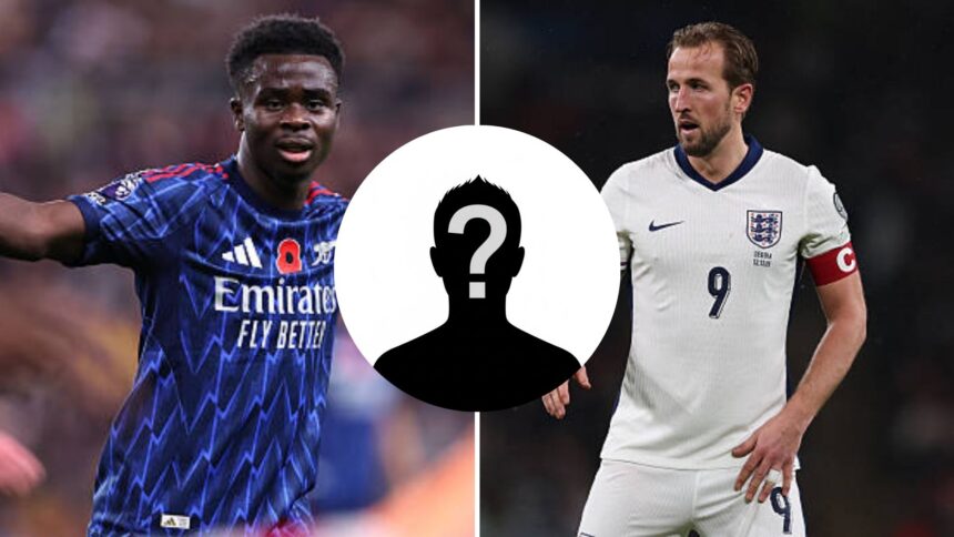 Split image of Bukayo Saka and Harry Kane with overlay of mystery player