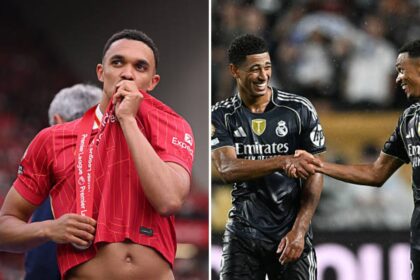 Split image of Trent Alexander-Arnold and Jude Bellingham celebrating with Trent