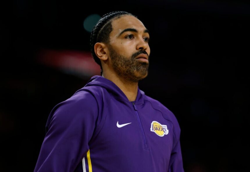 Gabe Vincent #7 of the Los Angeles Lakers during warm-ups before the season opener between the Golden State Warriors and Los Angeles Lakers on Crypto.com.