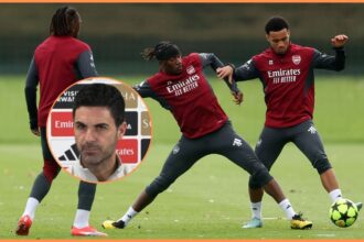 Ethan Nwaneri in Arsenal training, and Mikel Arteta
