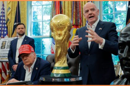 Donald Trump and Gianni Infantino with the World Cup trophy at the White House