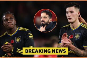 Patrick Dorgu, Ruben Amorim, and Benjamin Sesko of Manchester United