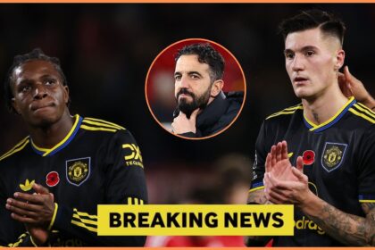 Patrick Dorgu, Ruben Amorim, and Benjamin Sesko of Manchester United