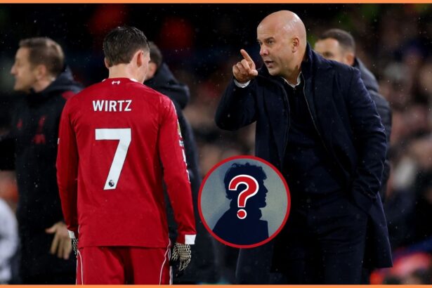 Florian Wirtz and Arne Slot talk on the touchline during Leeds vs Liverpool