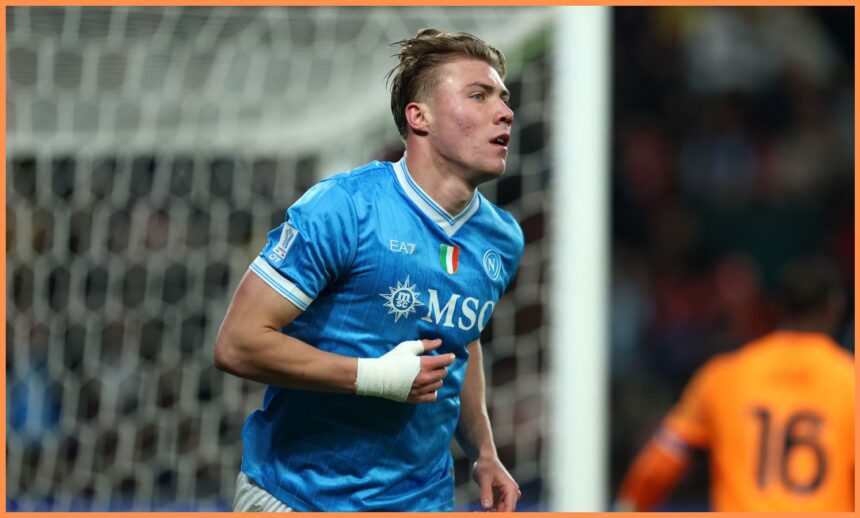 Rasmus Hojlund celebrates a goal for Napoli