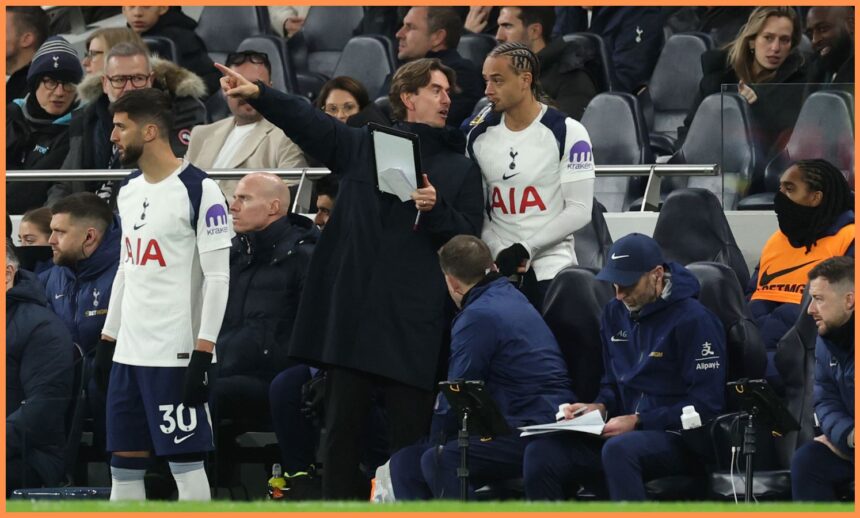 Tottenham manager Thomas Frank gives instructions to Xavi Simons