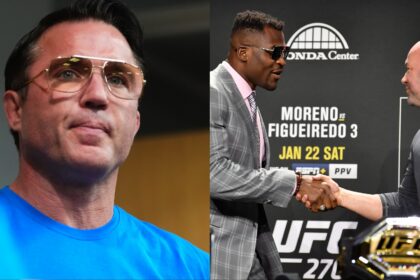 Chael Sonnen on the set of The Ultimate Fighter, opposite Francis Ngannou and Dana White at the UFC 270 press conference