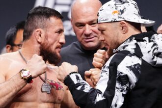 Merab Dvalishvili and Petr Yan face off at the UFC 323 ceremonial weigh-in