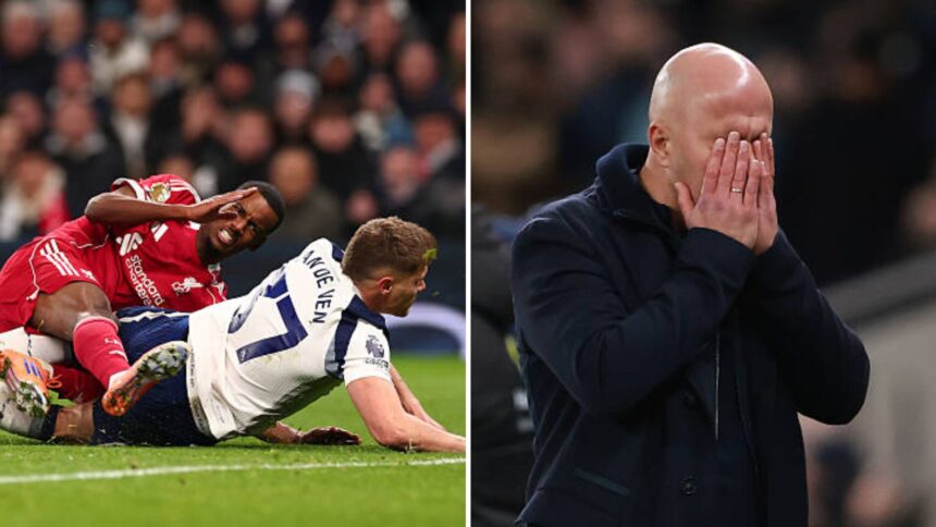 Split image of Alexander Isak in agony and Arne Slot