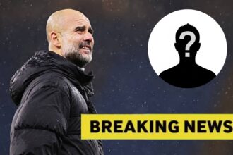 Pep Guardiola with overlay of breaking news and mystery player