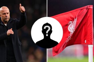 Split image of Arne Slot and Liverpool flag