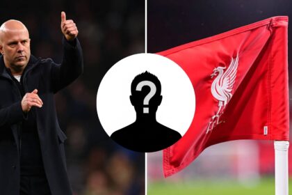 Split image of Arne Slot and Liverpool flag