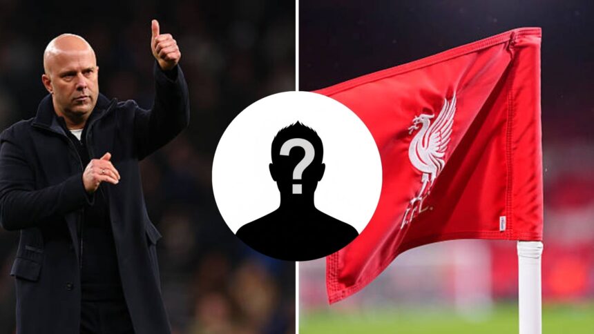 Split image of Arne Slot and Liverpool flag