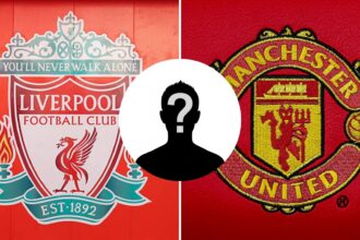 Split images of Liverpool and Man United badge with overlay of mystery player