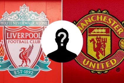 Split images of Liverpool and Man United badge with overlay of mystery player