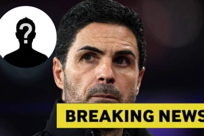Mikel Arteta with overlay of mystery player and breaking news in yellow