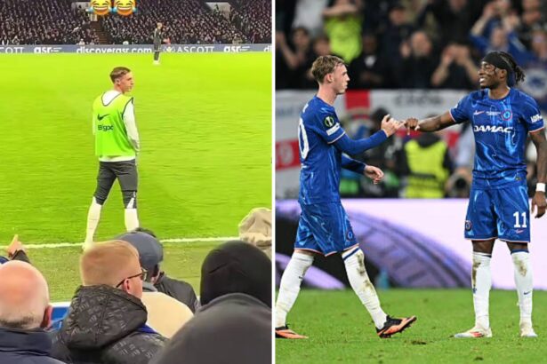 Split image of fan footage showing Cole Palmer