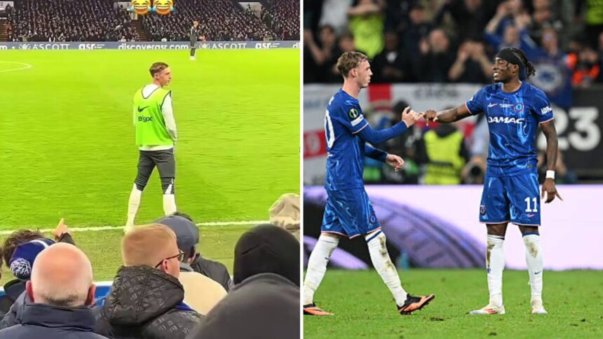 Split image of fan footage showing Cole Palmer