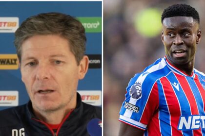 Split image of Oliver Glasner at his press conference and Marc Guehi in action for Crystal Palace