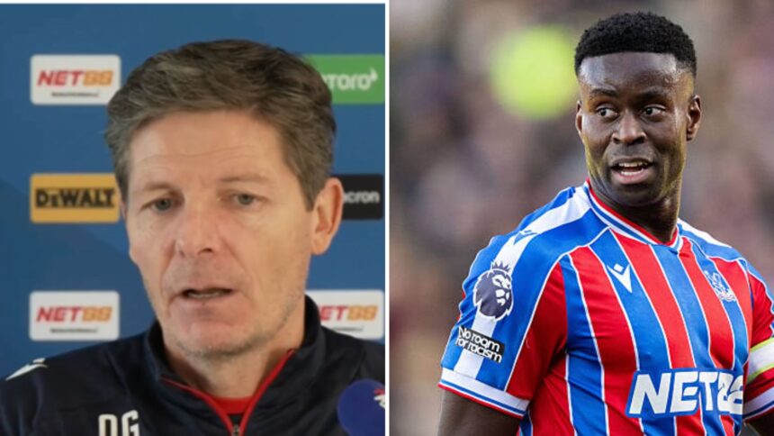Split image of Oliver Glasner at his press conference and Marc Guehi in action for Crystal Palace