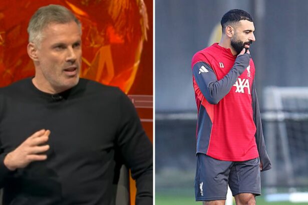 Split image of Jamie Carragher on Sky SPorts and Mohamed Salah in Liverpool training
