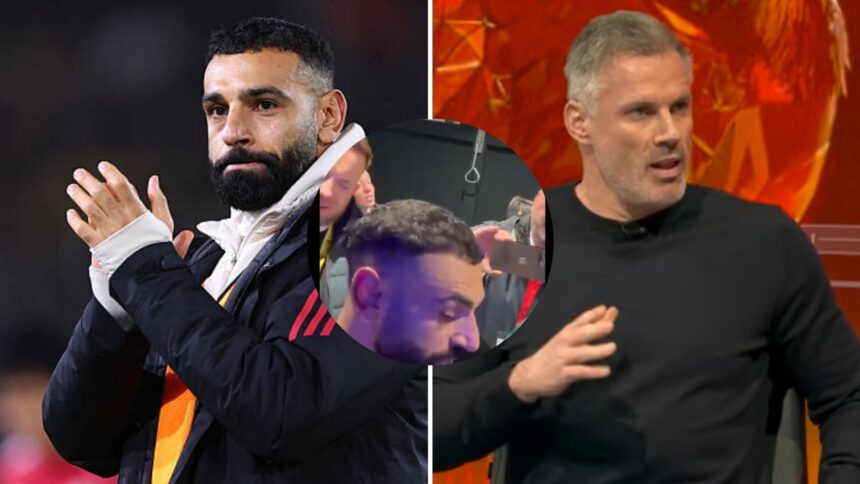 Split image of Mohamed Salah and Jamie Carragher with overlay of Salah giving his explosive interview