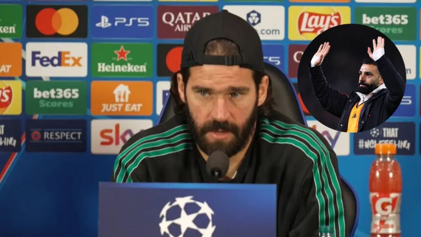 Alisson Becker giving press-conference with overlay of Salah against Leeds