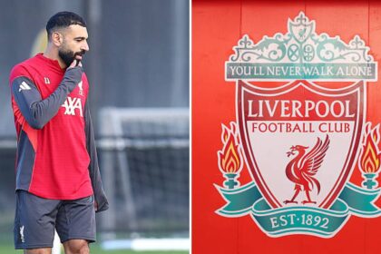 Split image of Mohamed Salah and Liverpool badge