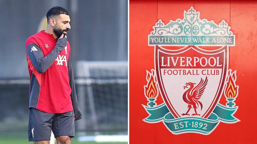 Split image of Mohamed Salah and Liverpool badge
