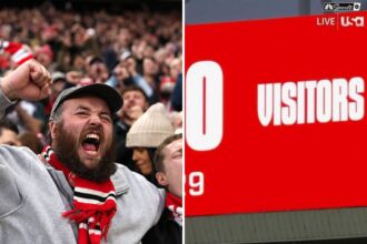 Split image of Sunderland fans celebrating win vs Newcastle and scoreboard inside Stadium of Lights