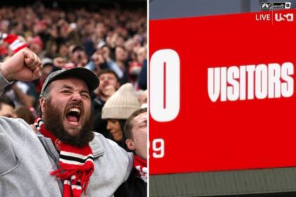 Split image of Sunderland fans celebrating win vs Newcastle and scoreboard inside Stadium of Lights