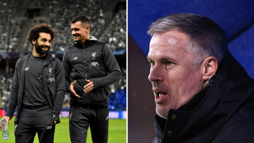 Split image of Dejan Lovren and Mohamed Salah and Jamie Carragher