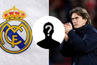 Split image of the Real Madrid badge and Thomas Frank with mystery person overlay