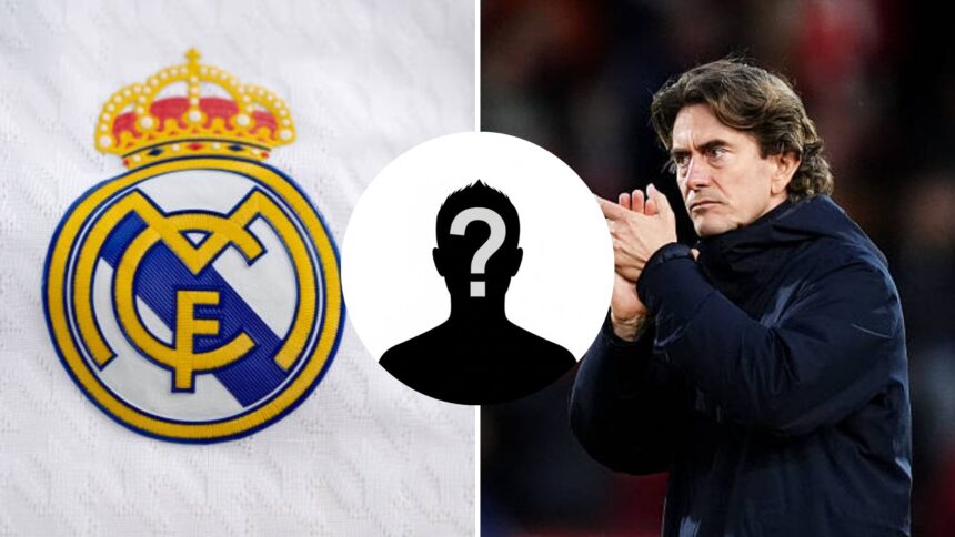 Split image of the Real Madrid badge and Thomas Frank with mystery person overlay