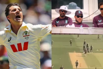 Pat Cummins assisted by England coach