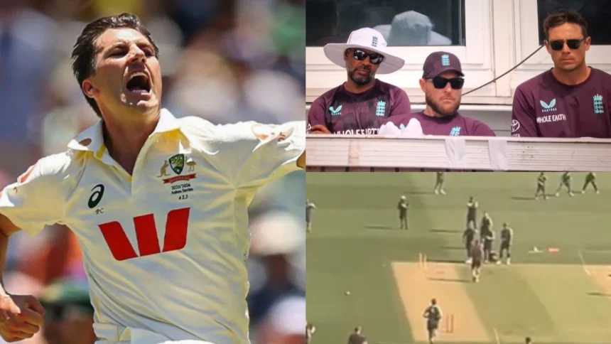 Pat Cummins assisted by England coach