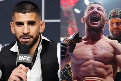 Ilia Topuria speaks during the UFC 317 press conference, opposite Merab Dvalishvili celebrating after UFC 320